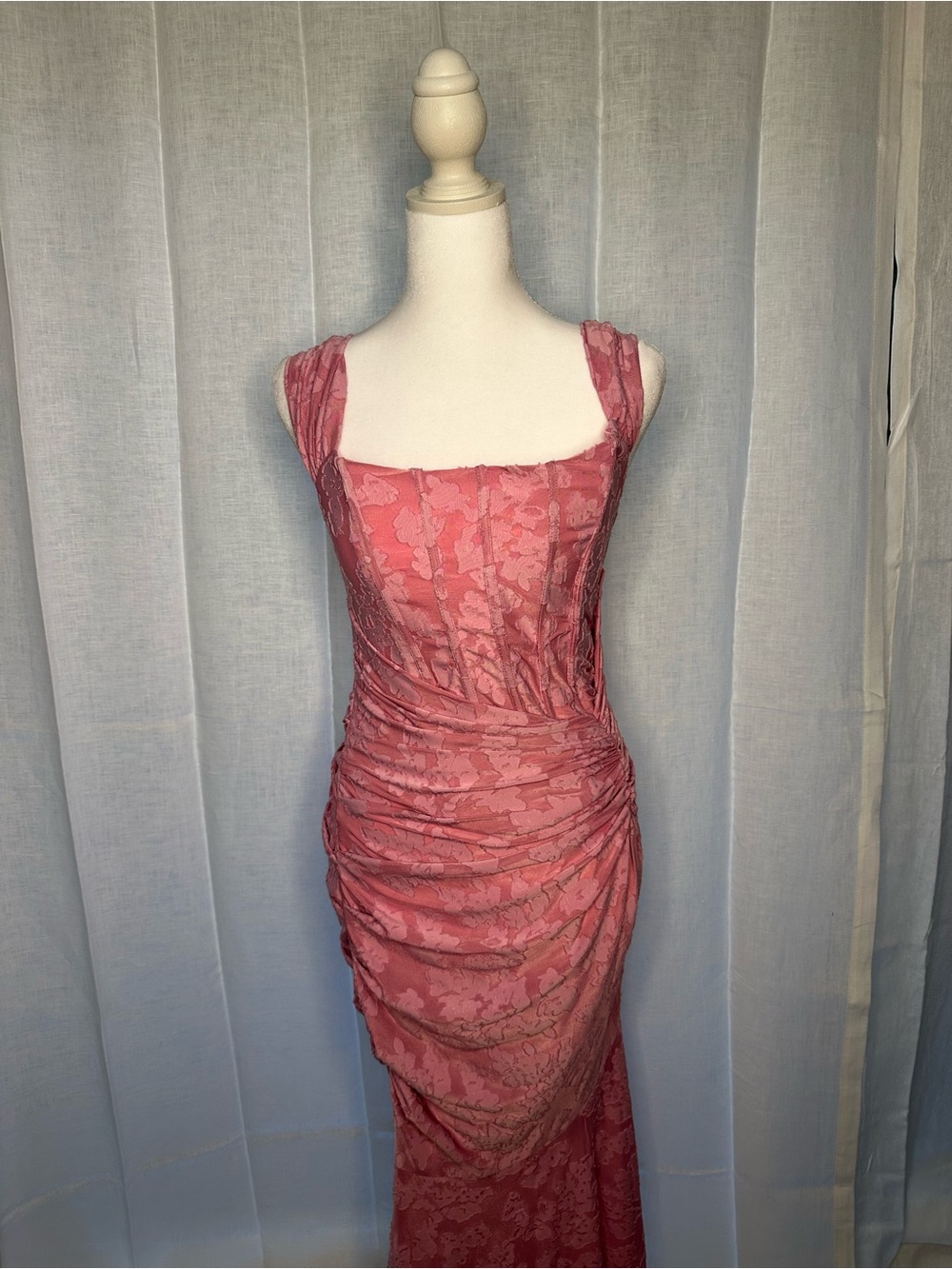 Wild Fable Rose Pink Lace Ruched Evening Dress